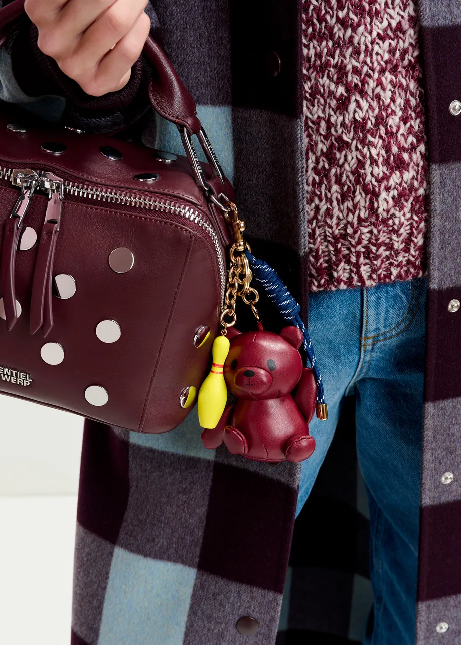 Burgundy, yellow and dark blue faux leather teddy  bear and boling pin bag charm