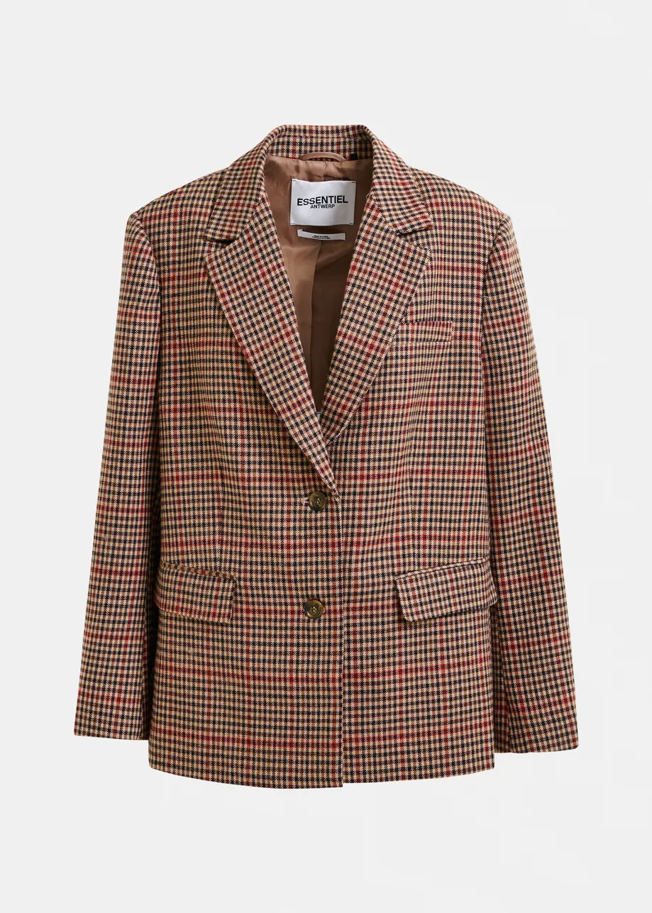 Brown, red and black checkered single-breasted blazer