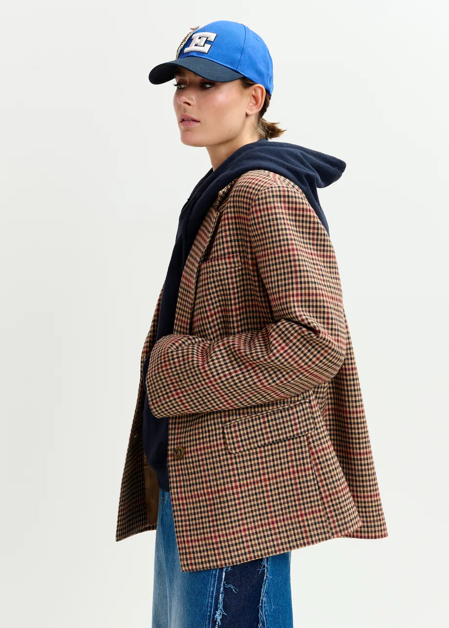 Brown, red and black checkered single-breasted blazer