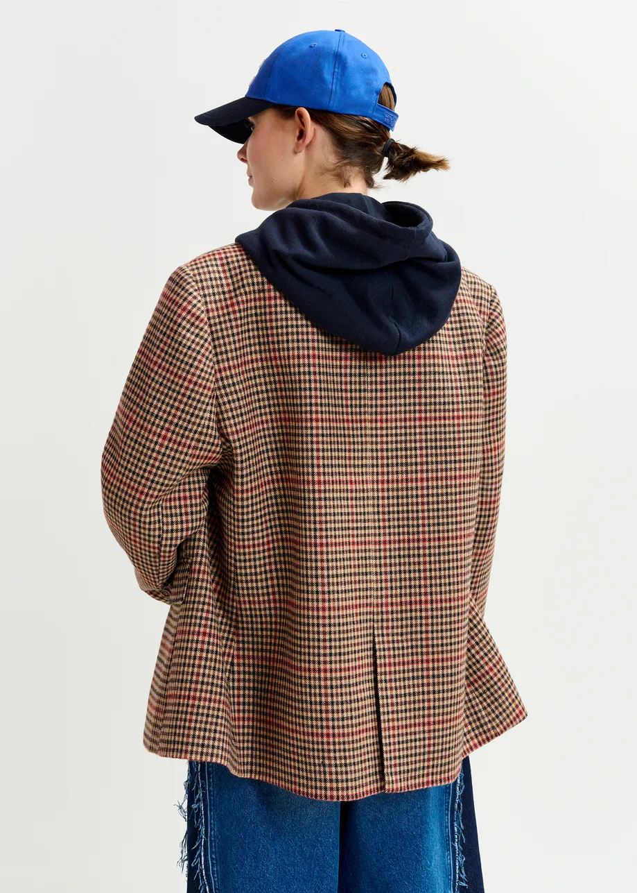 Brown, red and black checkered single-breasted blazer