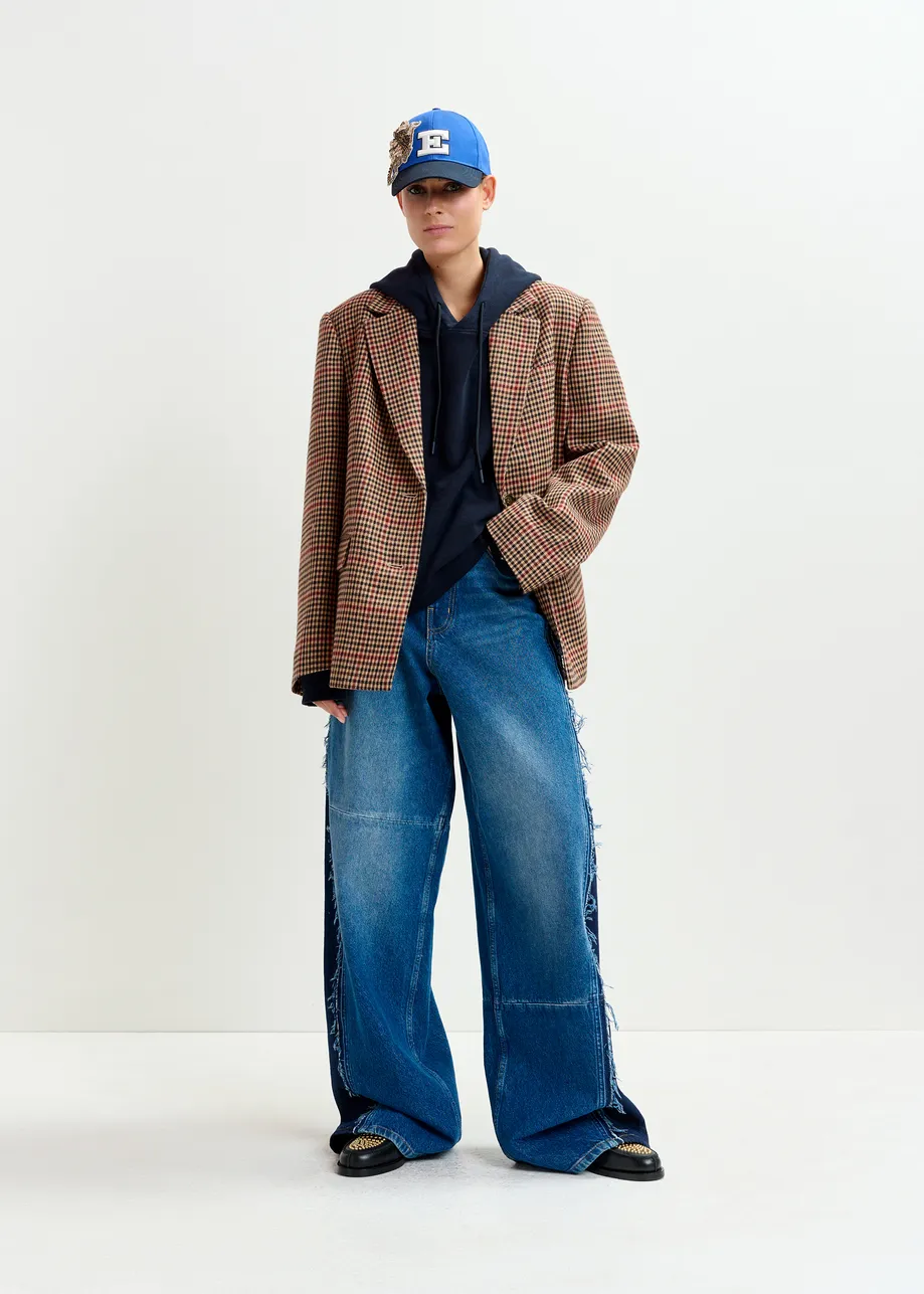 Brown, red and black checkered single-breasted blazer