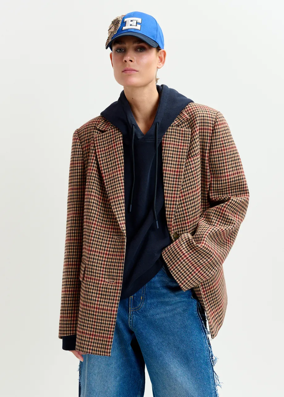 Brown, red and black checkered single-breasted blazer
