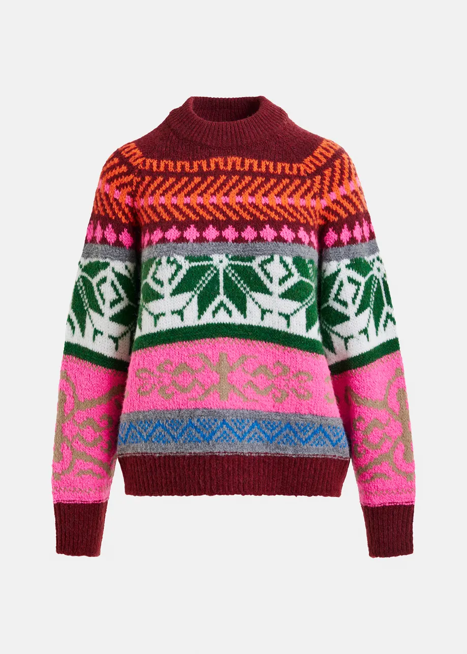 Burgundy and multicolor mélange knit jacquard sweater