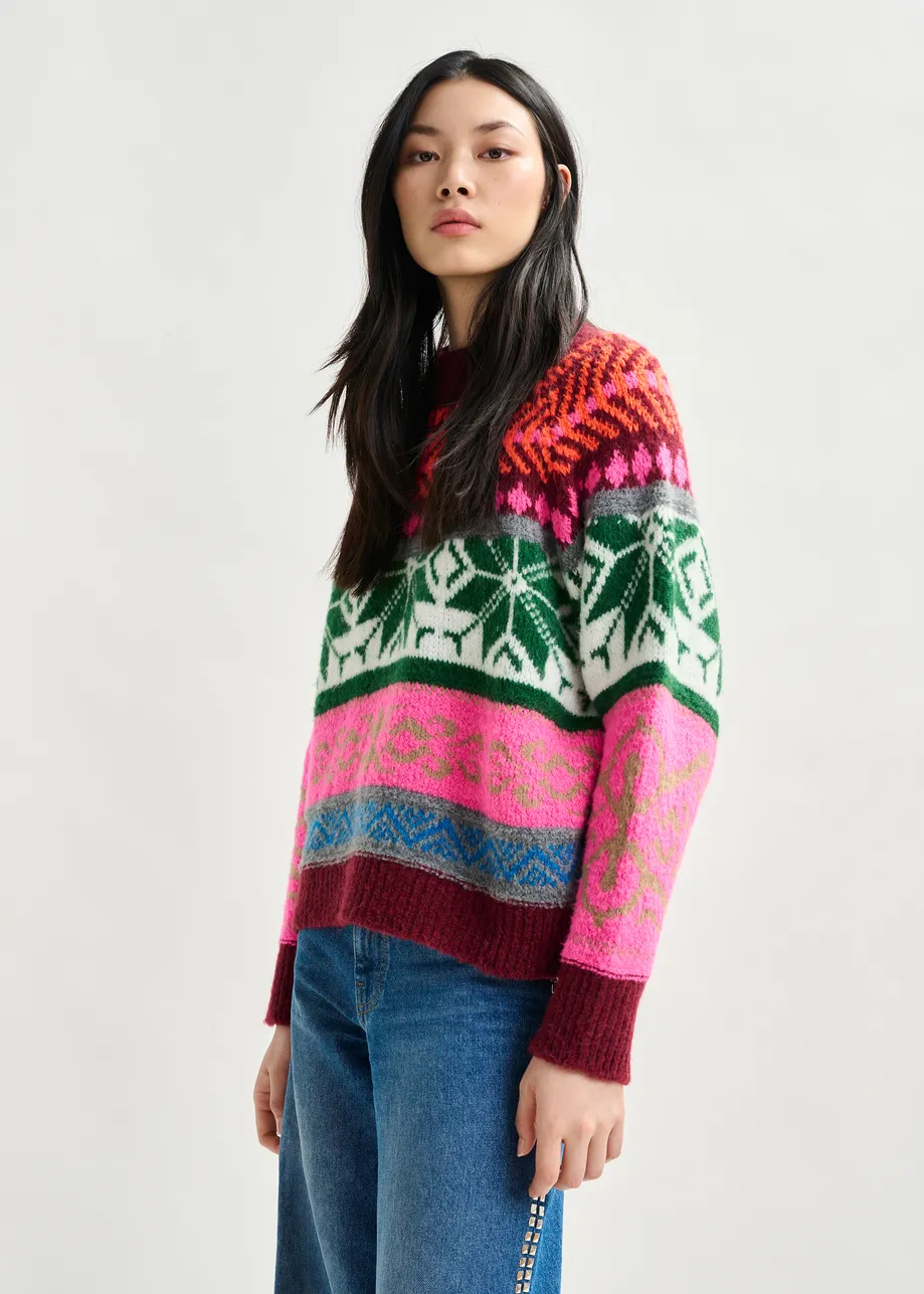 Burgundy and multicolor mélange knit jacquard sweater