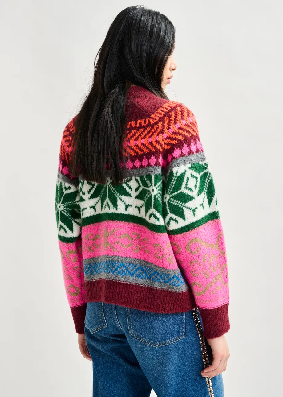 Burgundy and multicolor mélange knit jacquard sweater