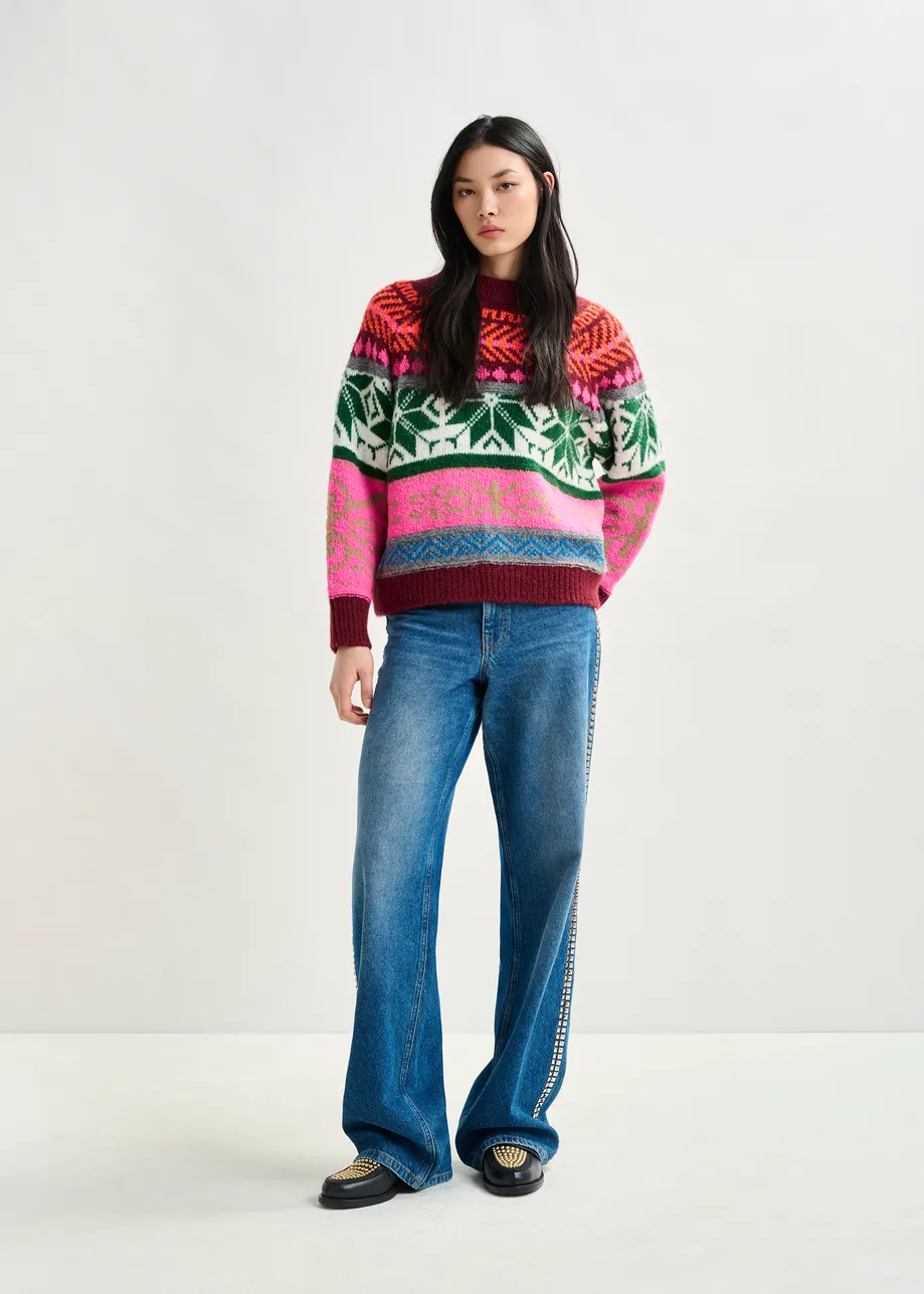 Burgundy and multicolor mélange knit jacquard sweater