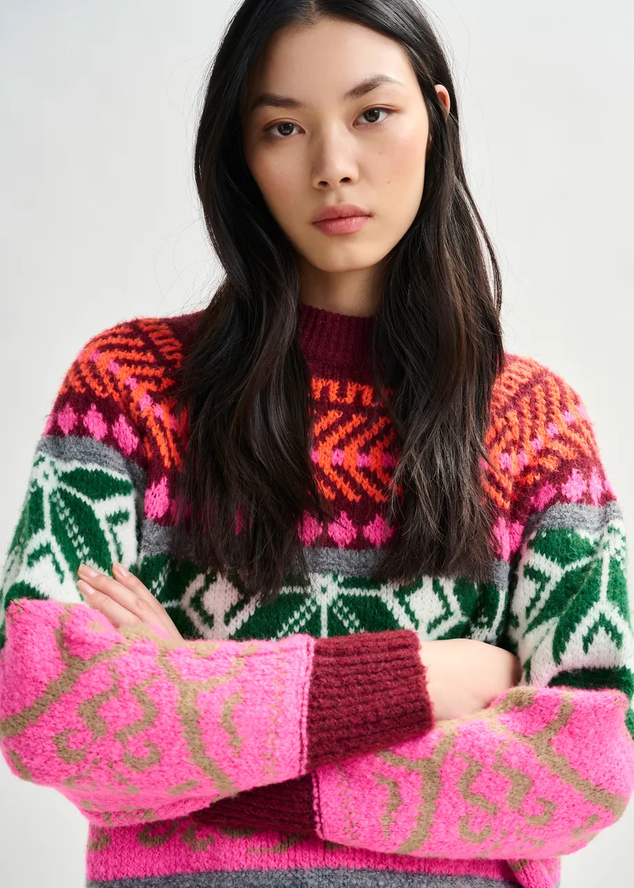 Burgundy and multicolor mélange knit jacquard sweater