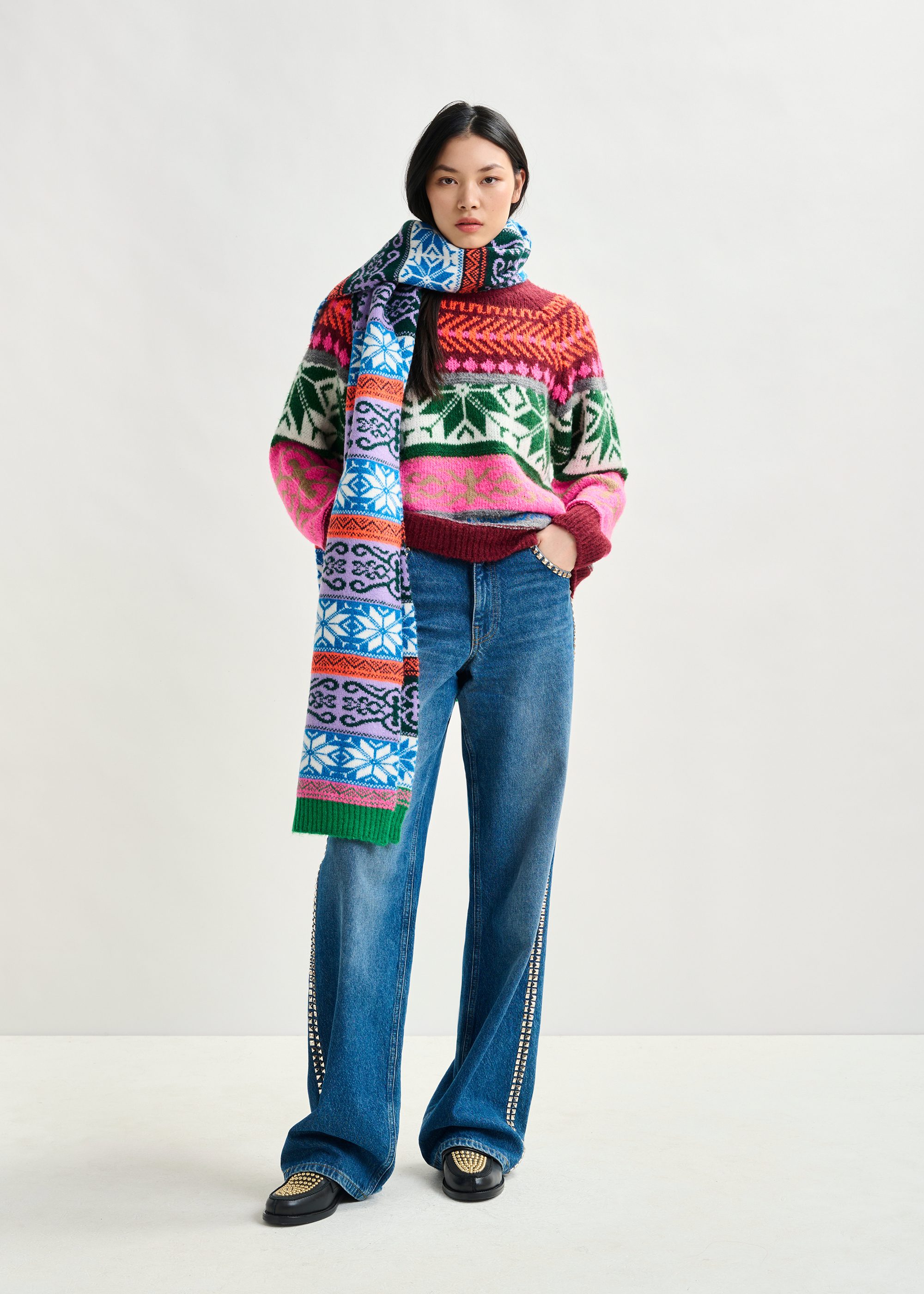 Burgundy and multicolor mélange knit jacquard sweater | Essentiel