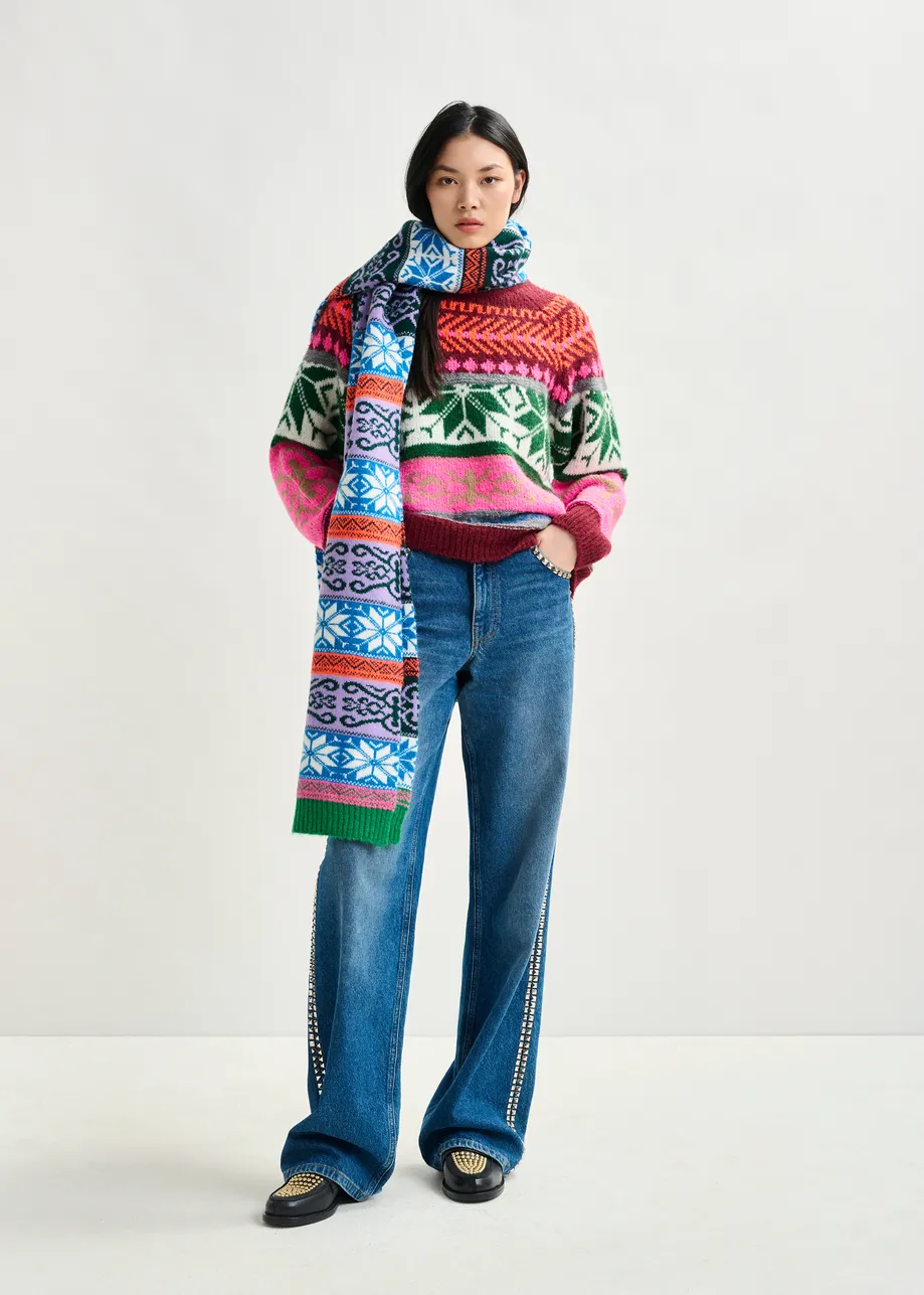 Burgundy and multicolor mélange knit jacquard sweater