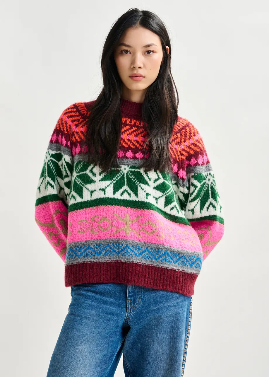 Burgundy and multicolor mélange knit jacquard sweater
