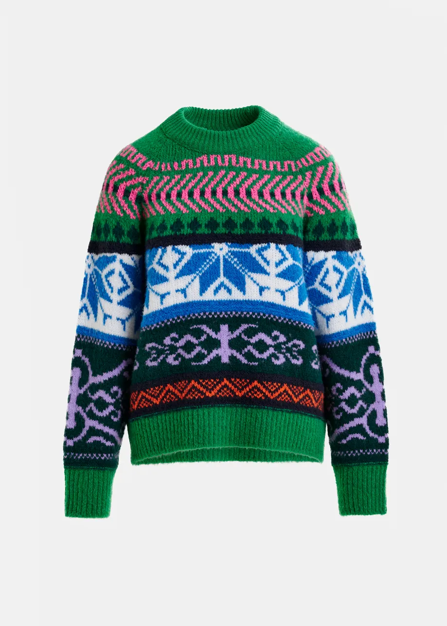 Green and multicolor mélange knit jacquard sweater
