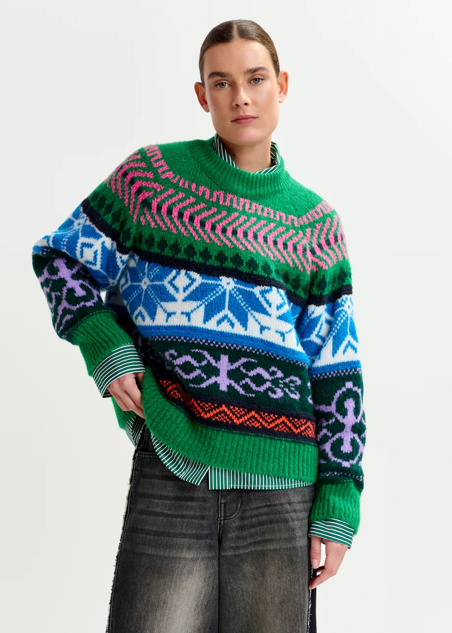 Green and multicolor mélange knit jacquard sweater