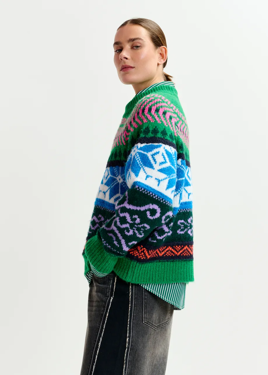 Green and multicolor mélange knit jacquard sweater
