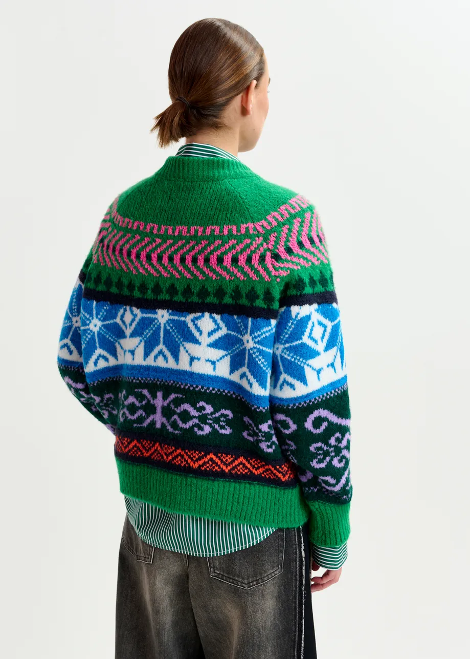 Green and multicolor mélange knit jacquard sweater