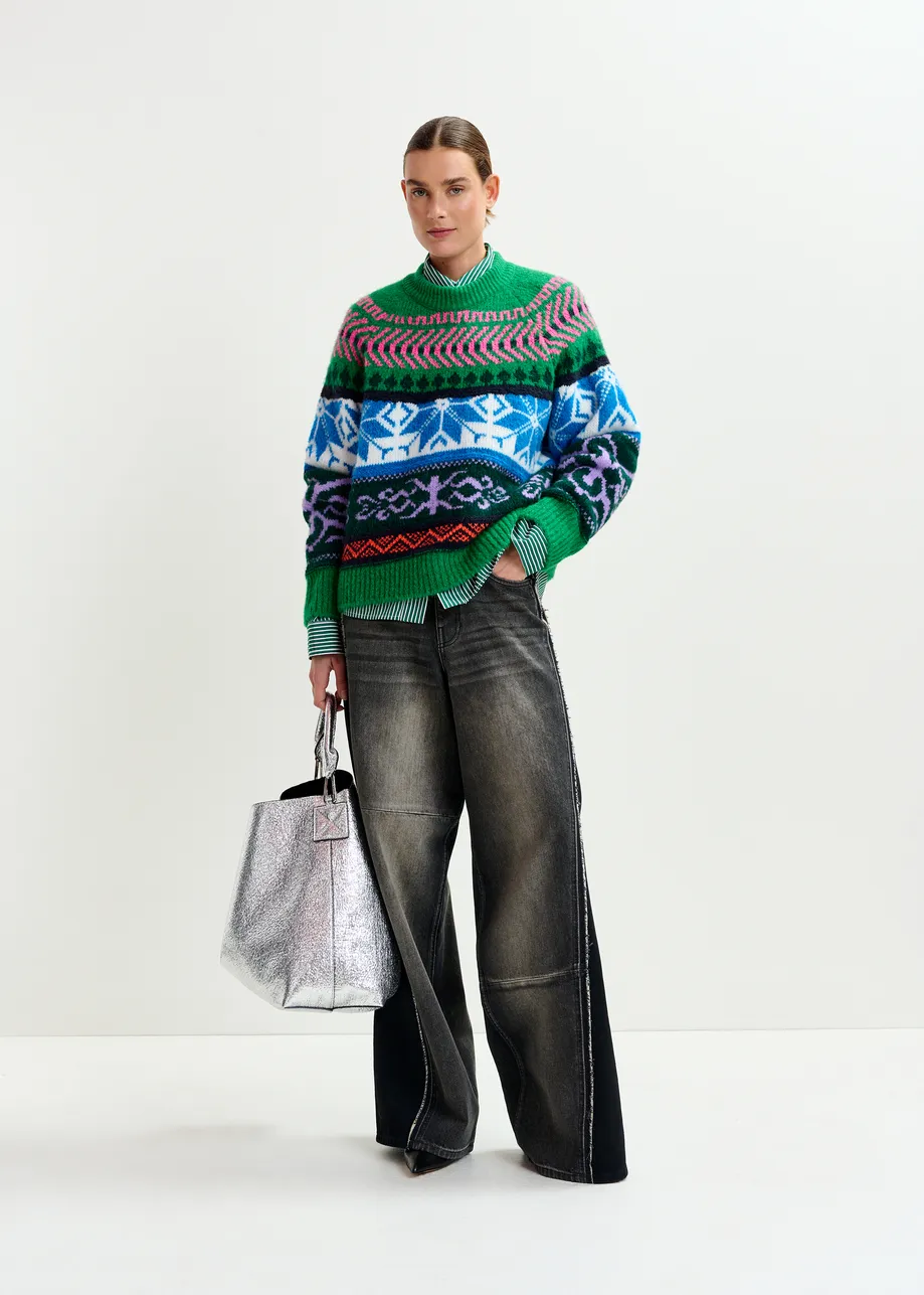 Green and multicolor mélange knit jacquard sweater
