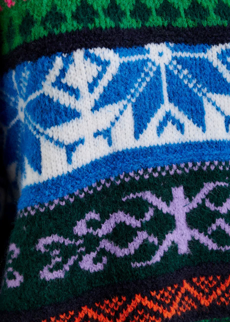 Green and multicolor mélange knit jacquard sweater