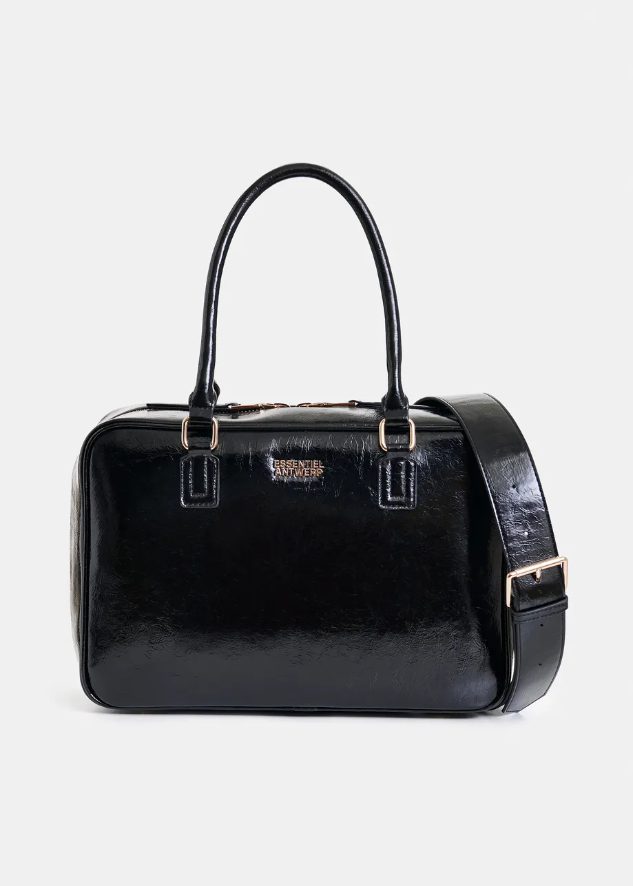 Black glossy structured crossbody bag