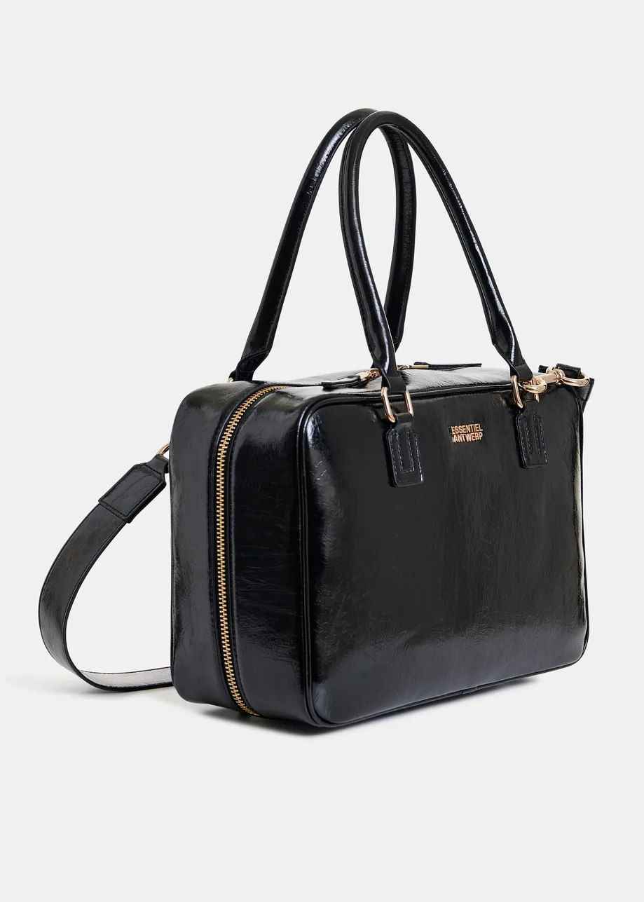 Black glossy structured crossbody bag