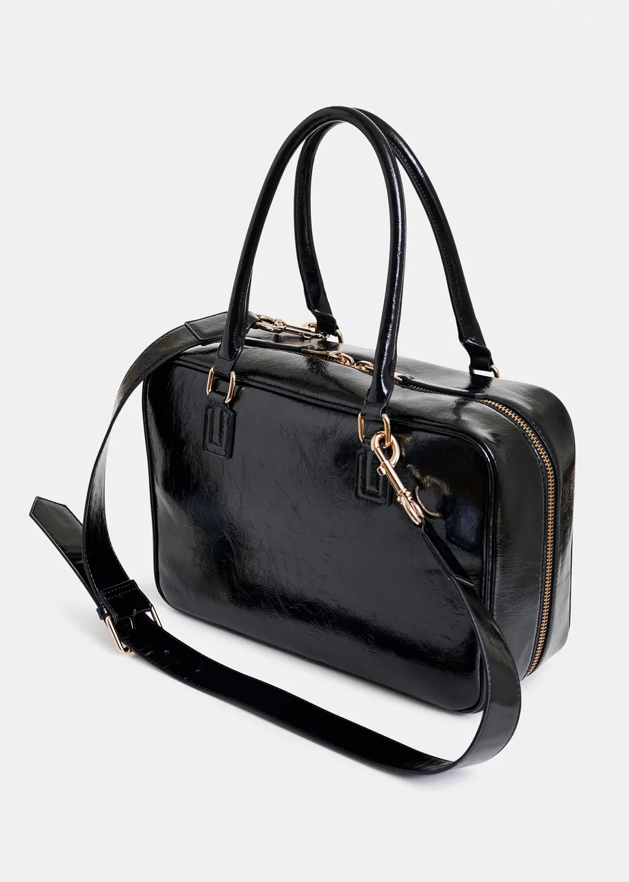 Black glossy structured crossbody bag