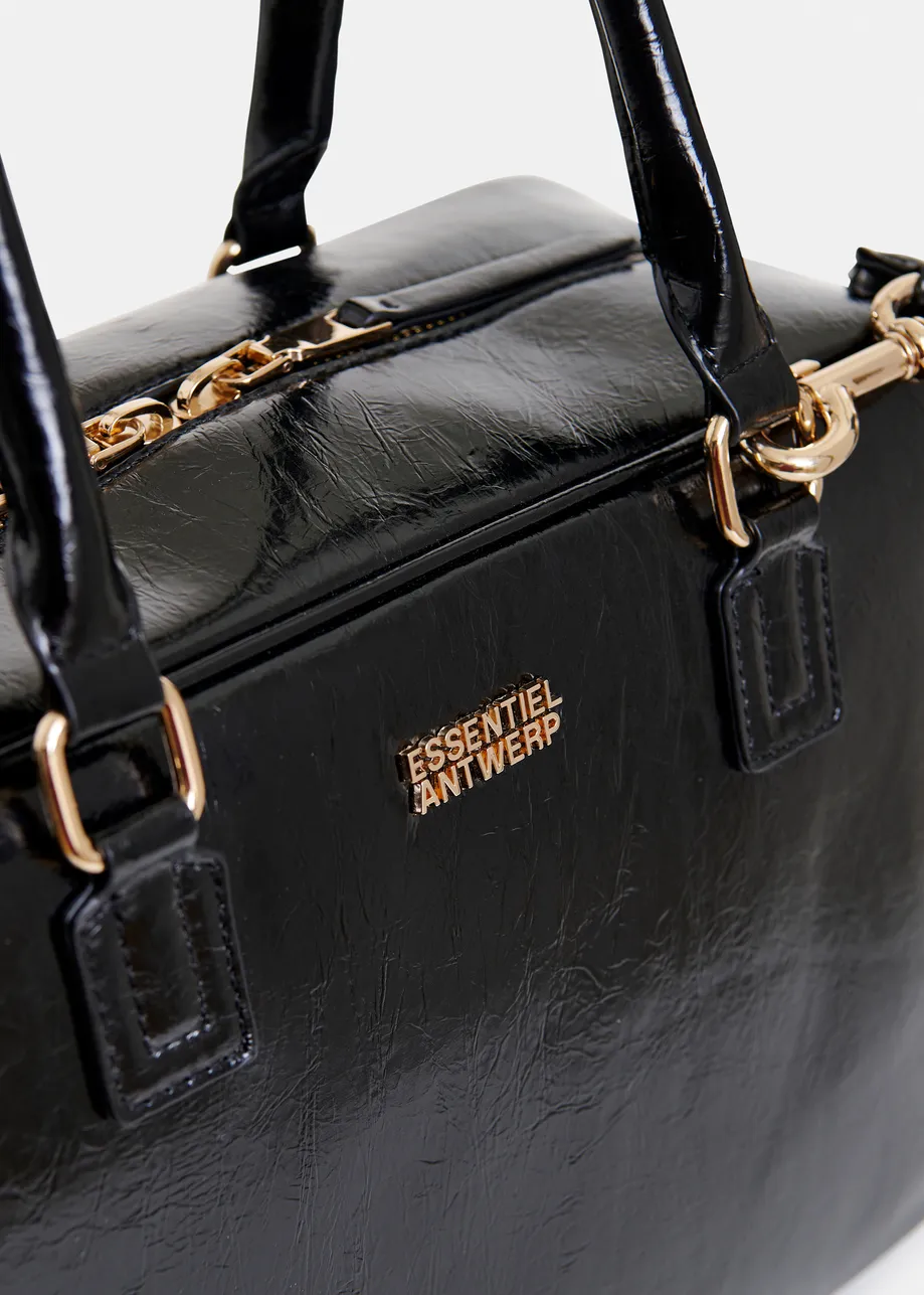 Black glossy structured crossbody bag