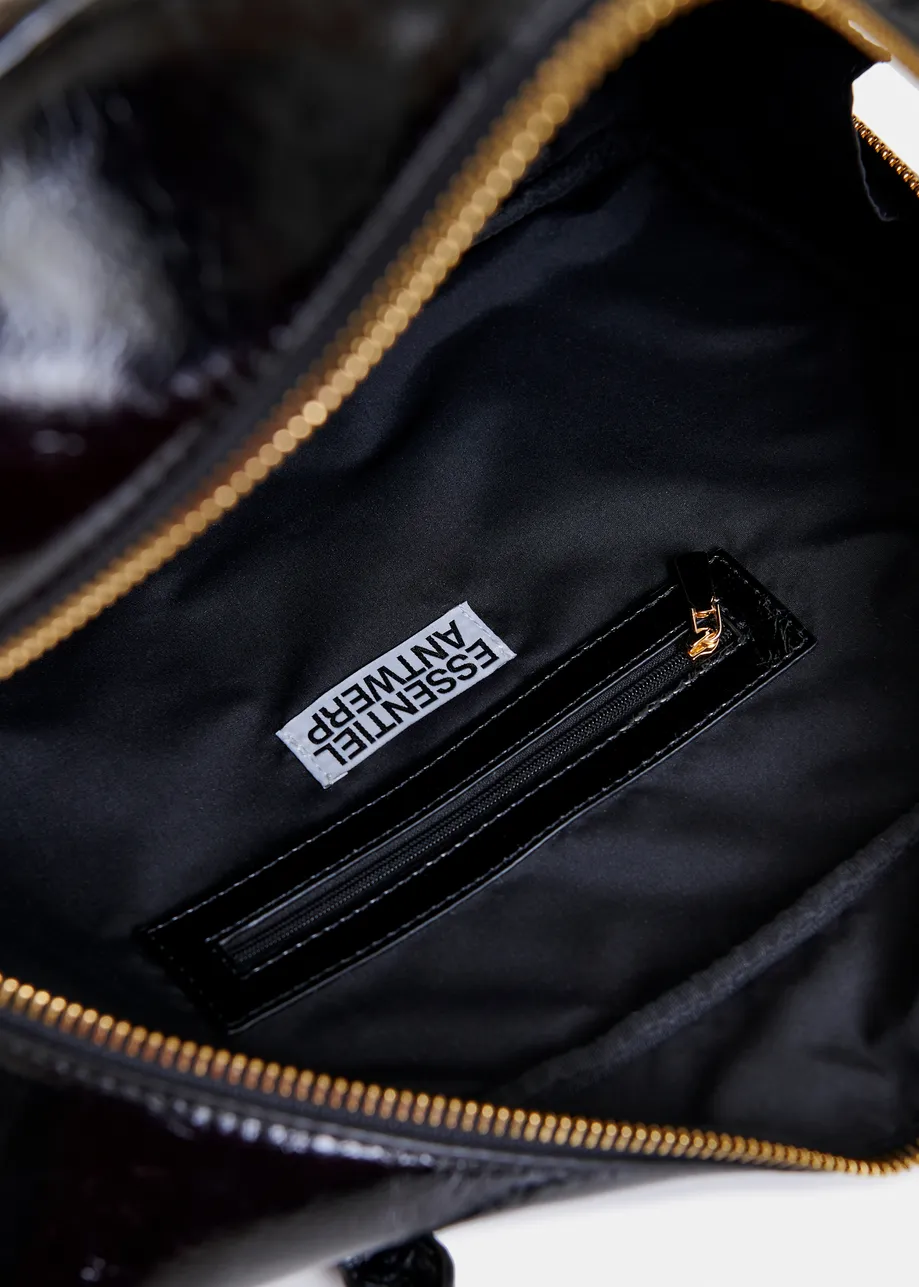 Black glossy structured crossbody bag