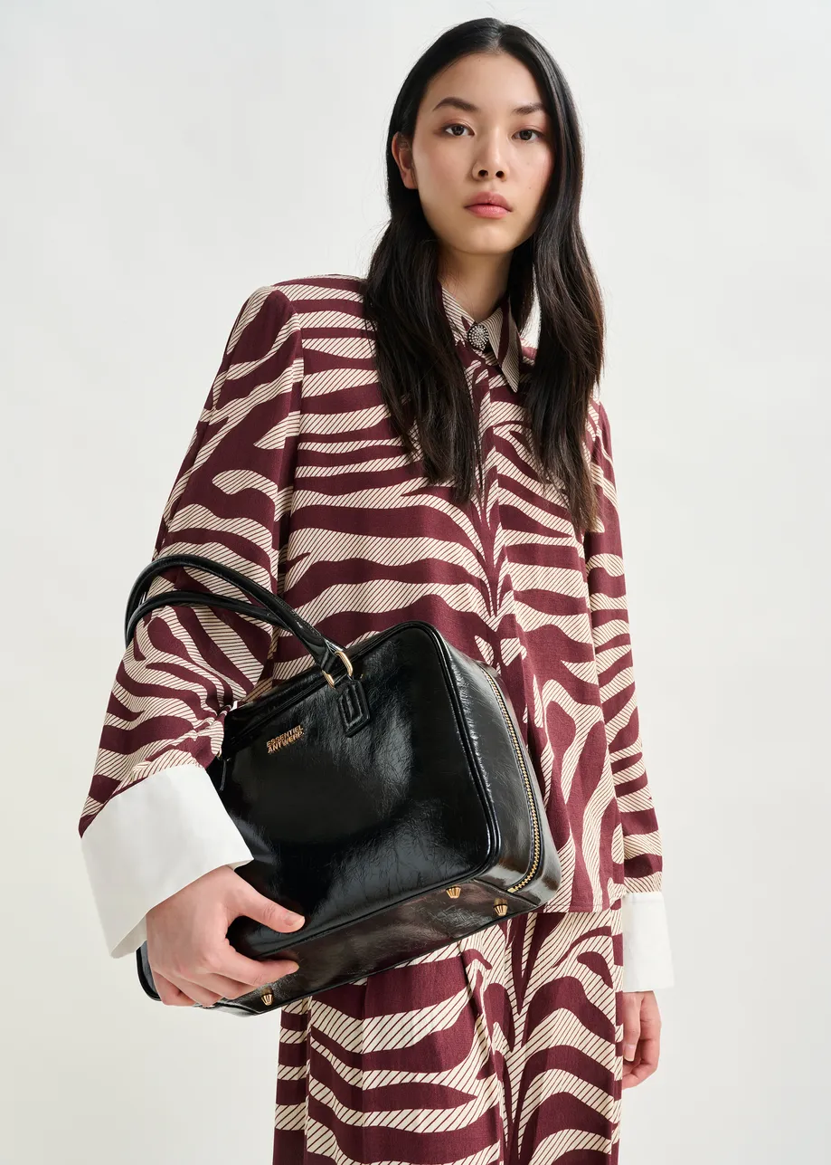 Black glossy structured crossbody bag