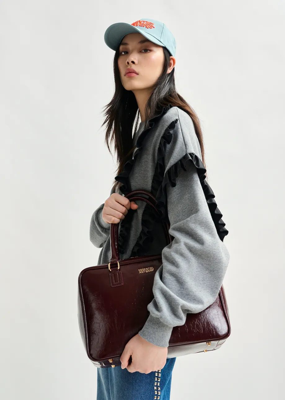 Burgundy glossy structured crossbody bag