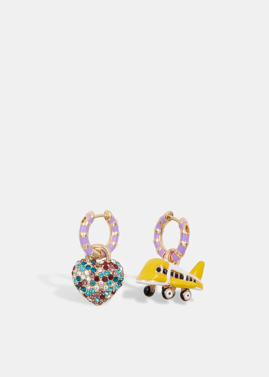 Gold and purple hoop earrings with plane and heart pendants