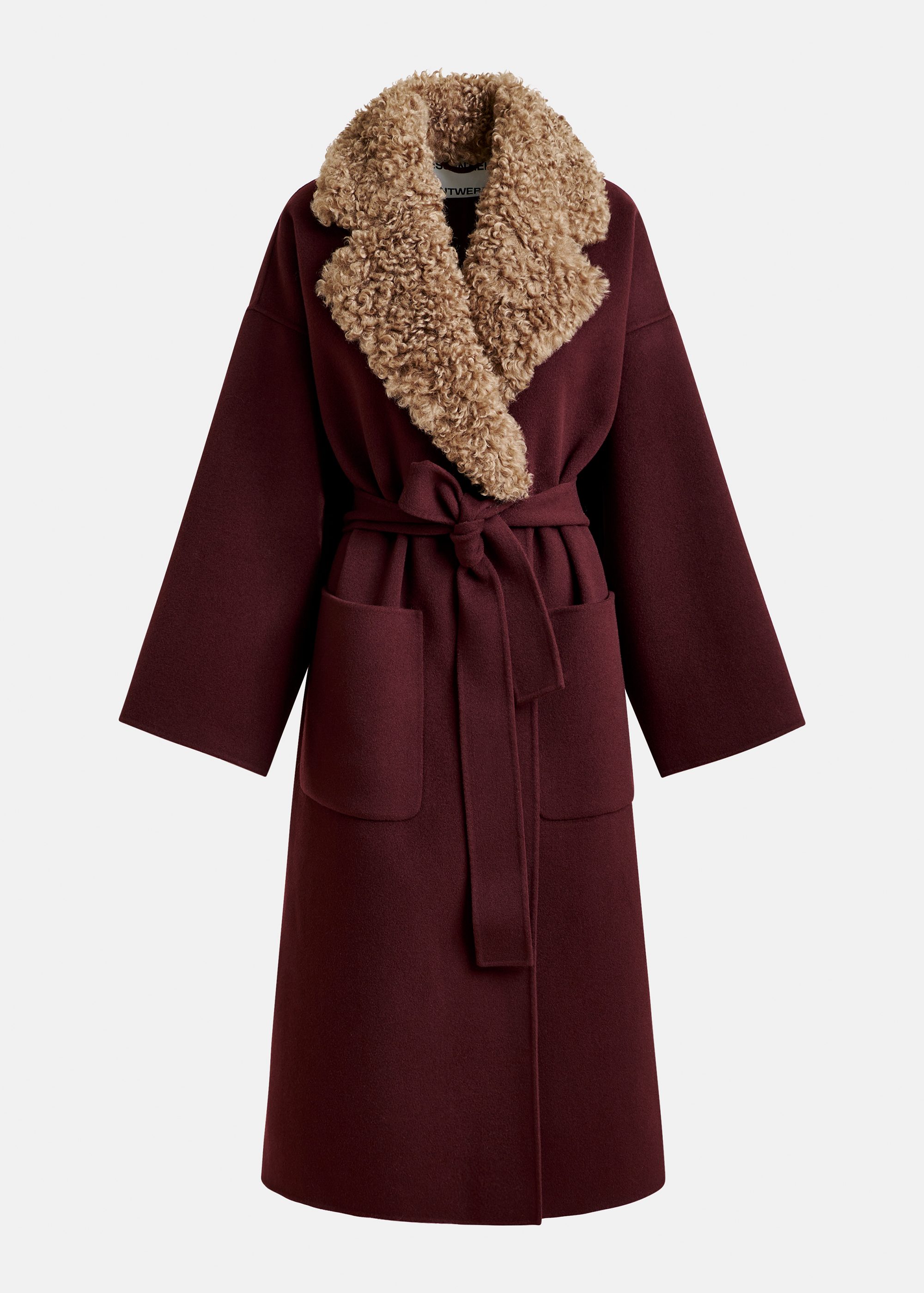 Navy and brown wool belted coat with detachable faux fur collar