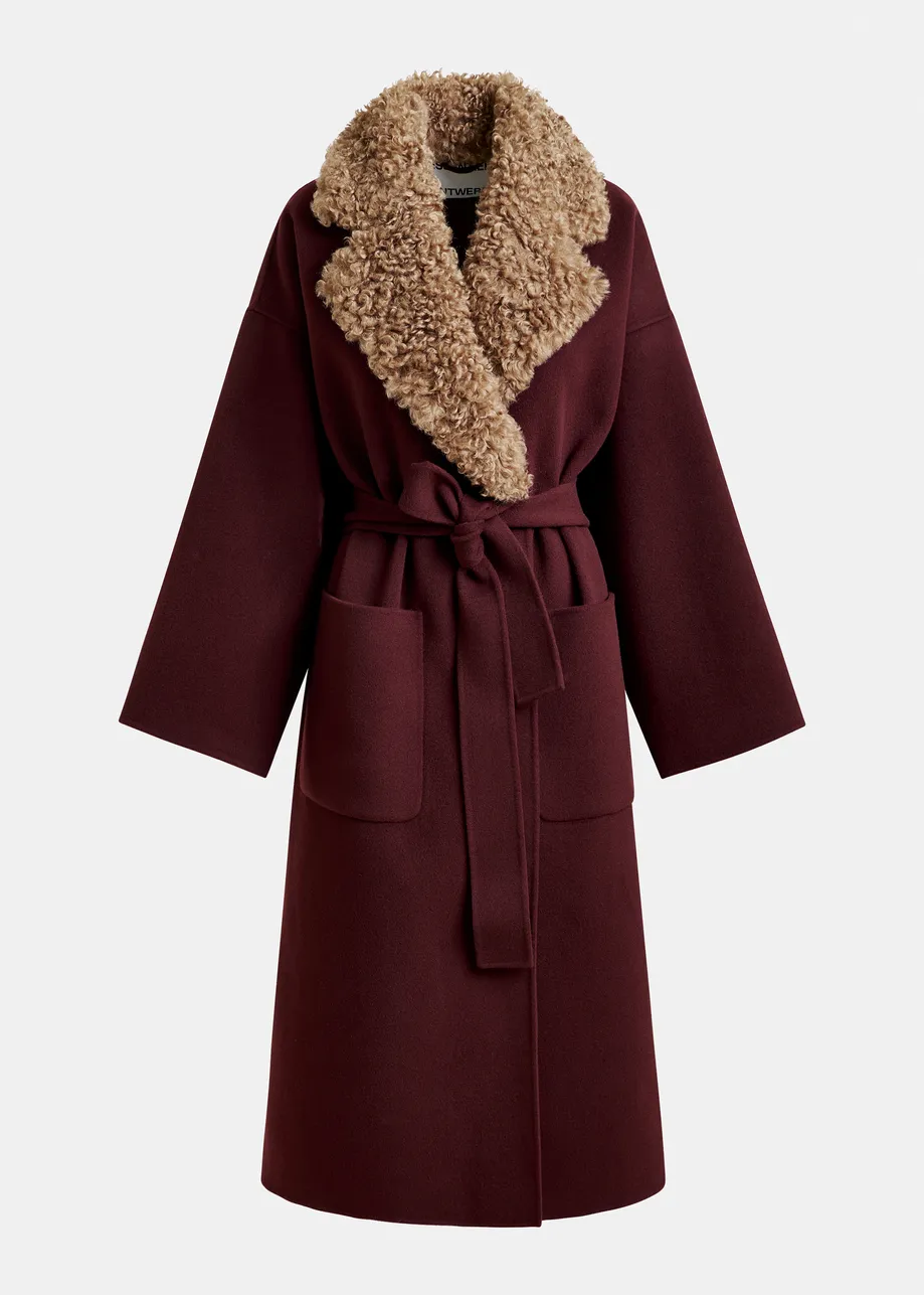 Burgundy and brown wool belted coat with detachable faux fur collar