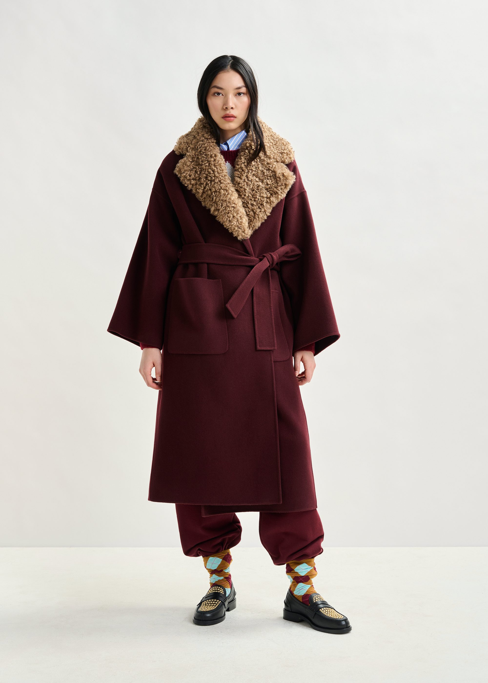 Burgundy and brown wool belted coat with detachable faux fur