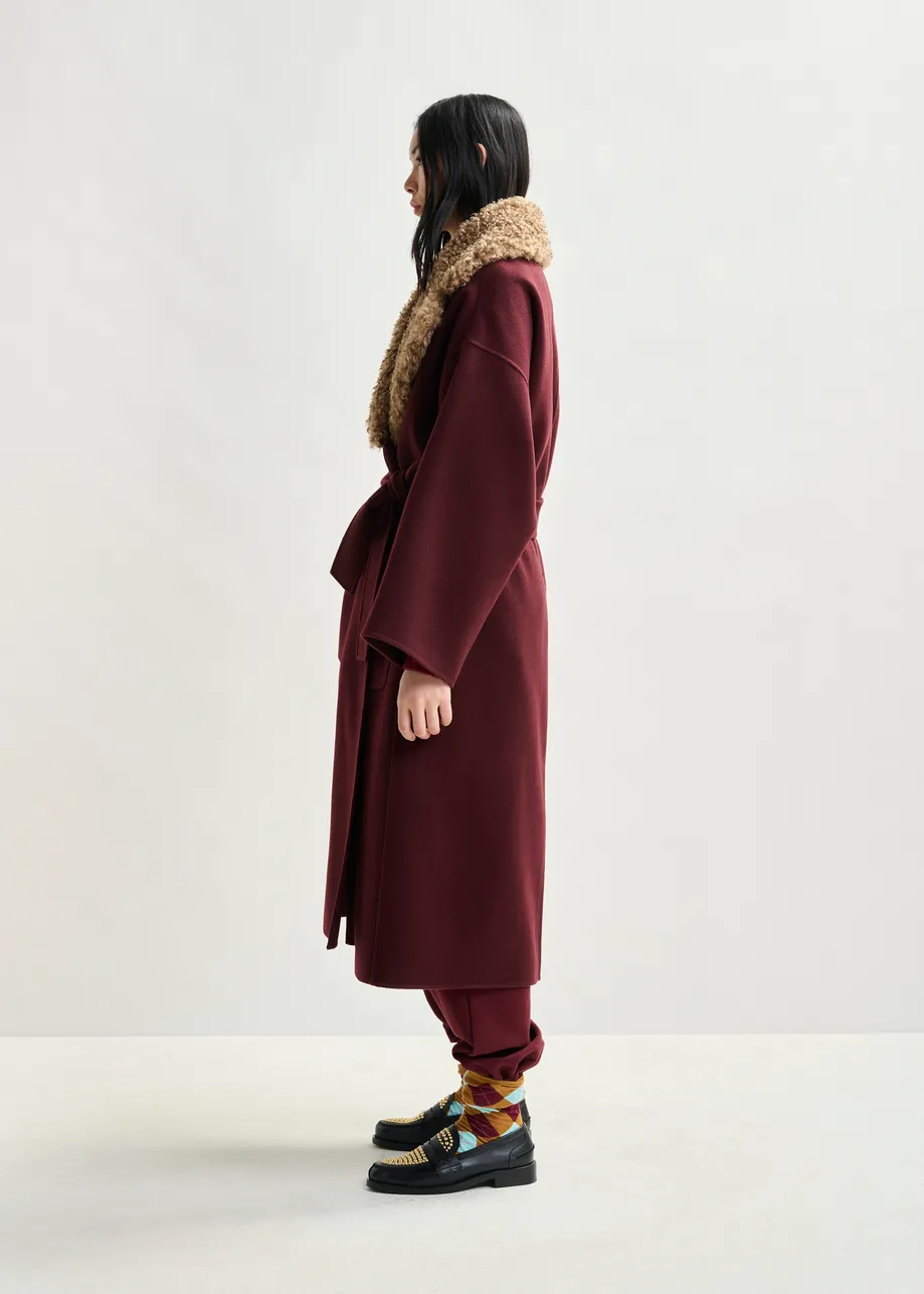 Burgundy and brown wool belted coat with detachable faux fur collar