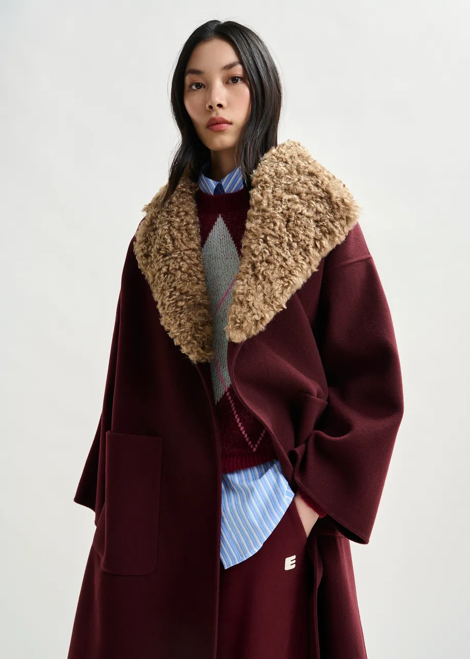 Burgundy and brown wool belted coat with detachable faux fur collar