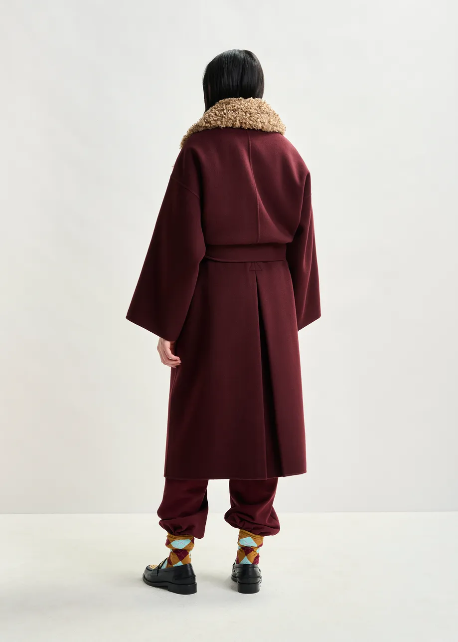 Burgundy and brown wool belted coat with detachable faux fur collar