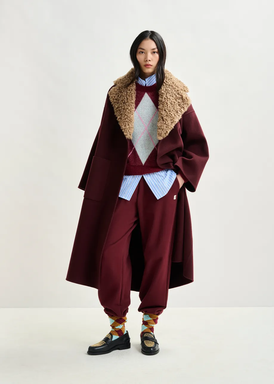 Burgundy and brown wool belted coat with detachable faux fur collar