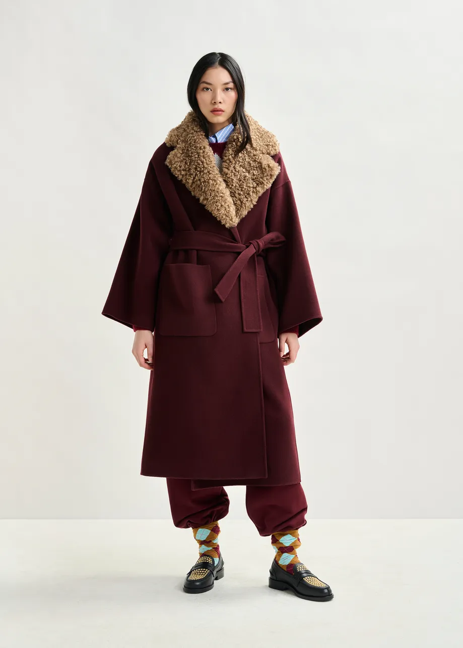 Burgundy and brown wool belted coat with detachable faux fur collar