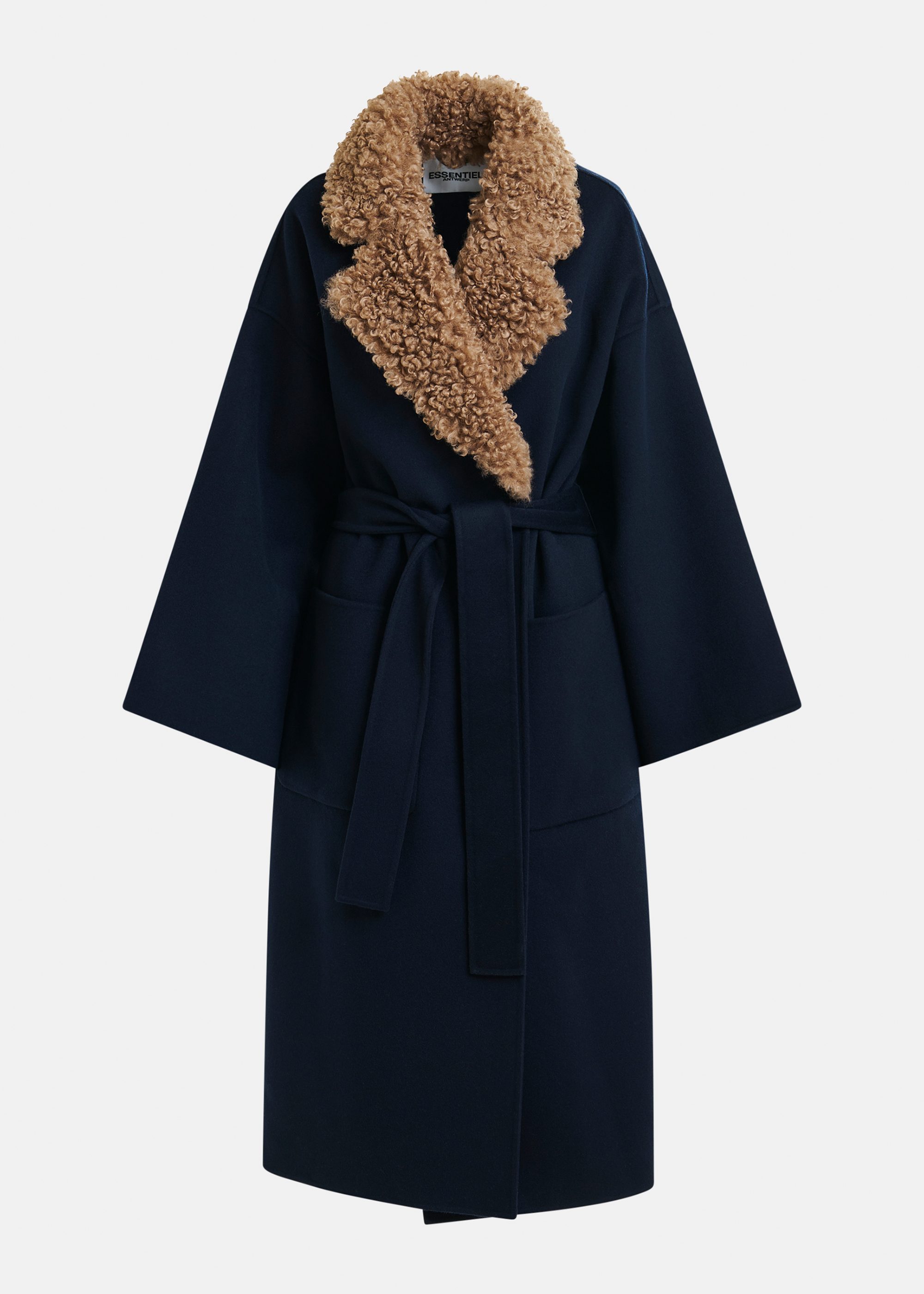 Navy and brown wool belted coat with detachable faux fur collar
