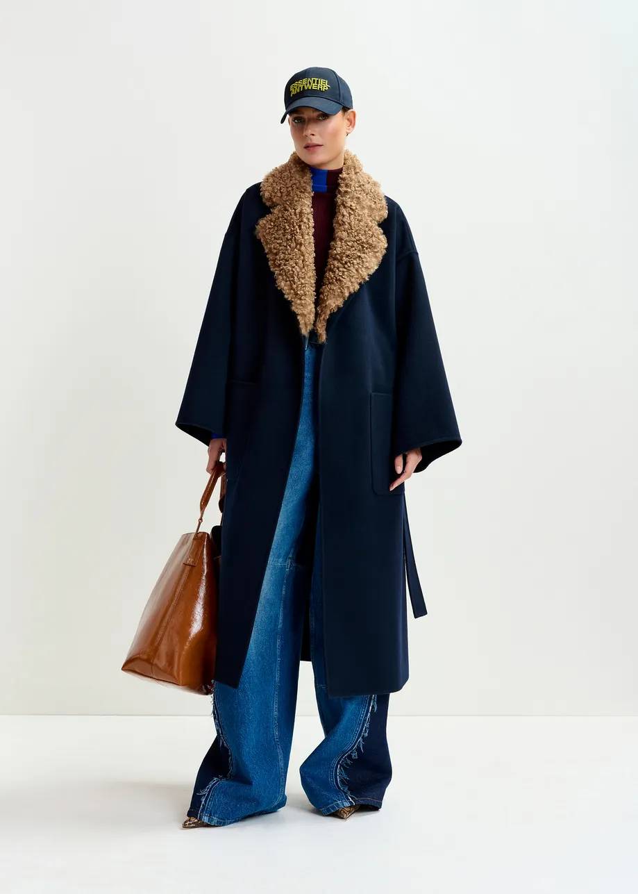 Navy and brown wool belted coat with detachable faux fur collar