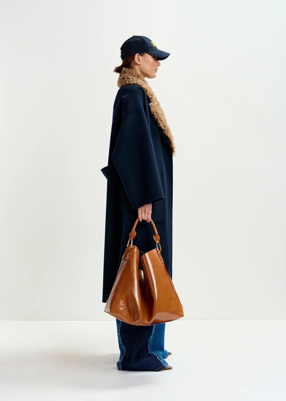 Navy and brown wool belted coat with detachable faux fur collar