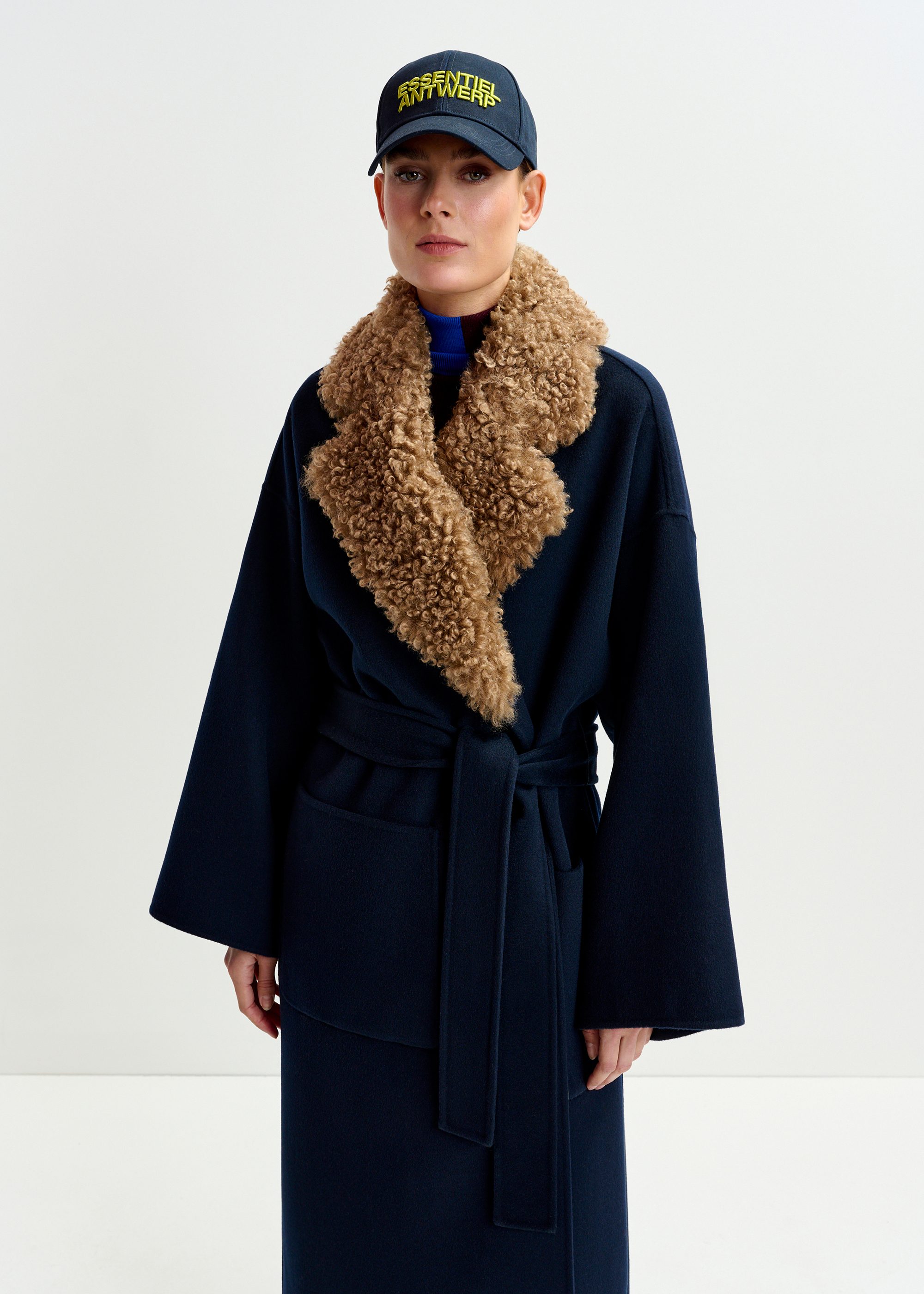 Navy and brown wool belted coat with detachable faux fur collar
