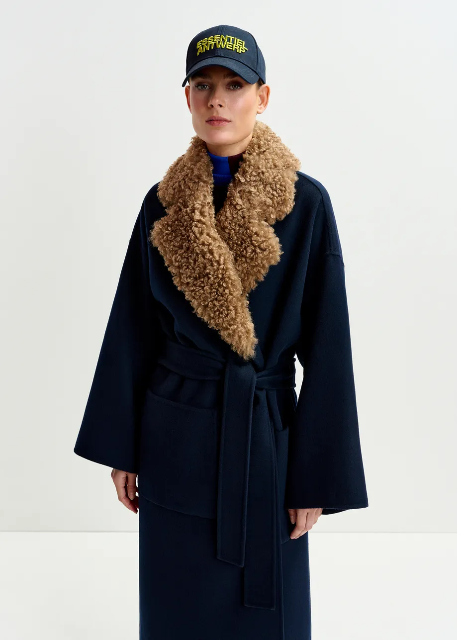 Navy and brown wool belted coat with detachable faux fur collar