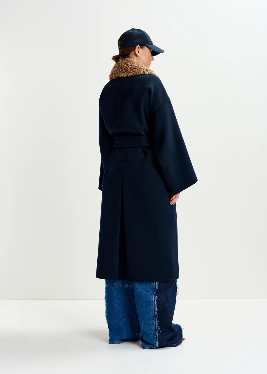 Navy and brown wool belted coat with detachable faux fur collar