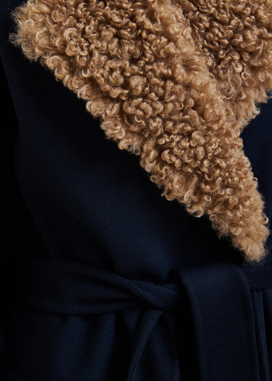 Navy and brown wool belted coat with detachable faux fur collar
