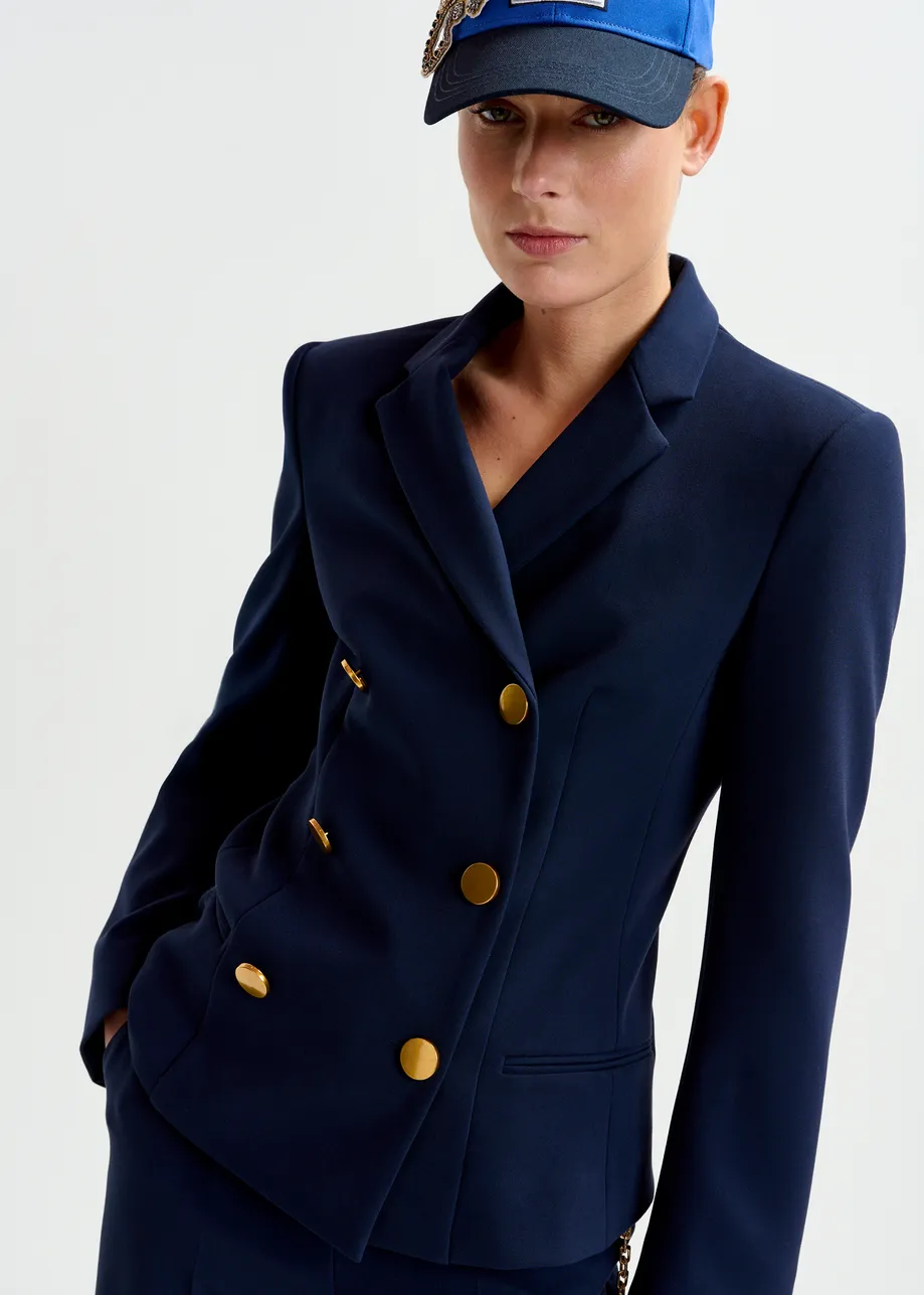 Marinekleurige double-breasted blazer met goudkleurige knopen