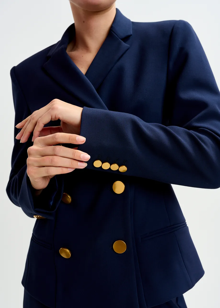 Marinekleurige double-breasted blazer met goudkleurige knopen