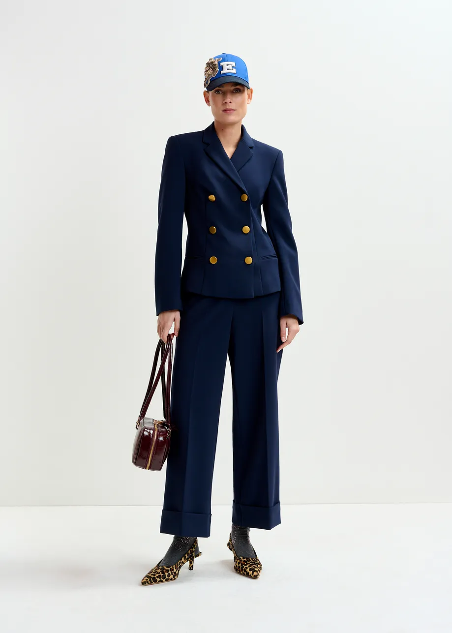 Marinekleurige double-breasted blazer met goudkleurige knopen