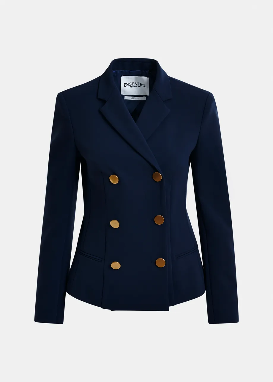 Navy double-breasted blazer with gold-tone buttons