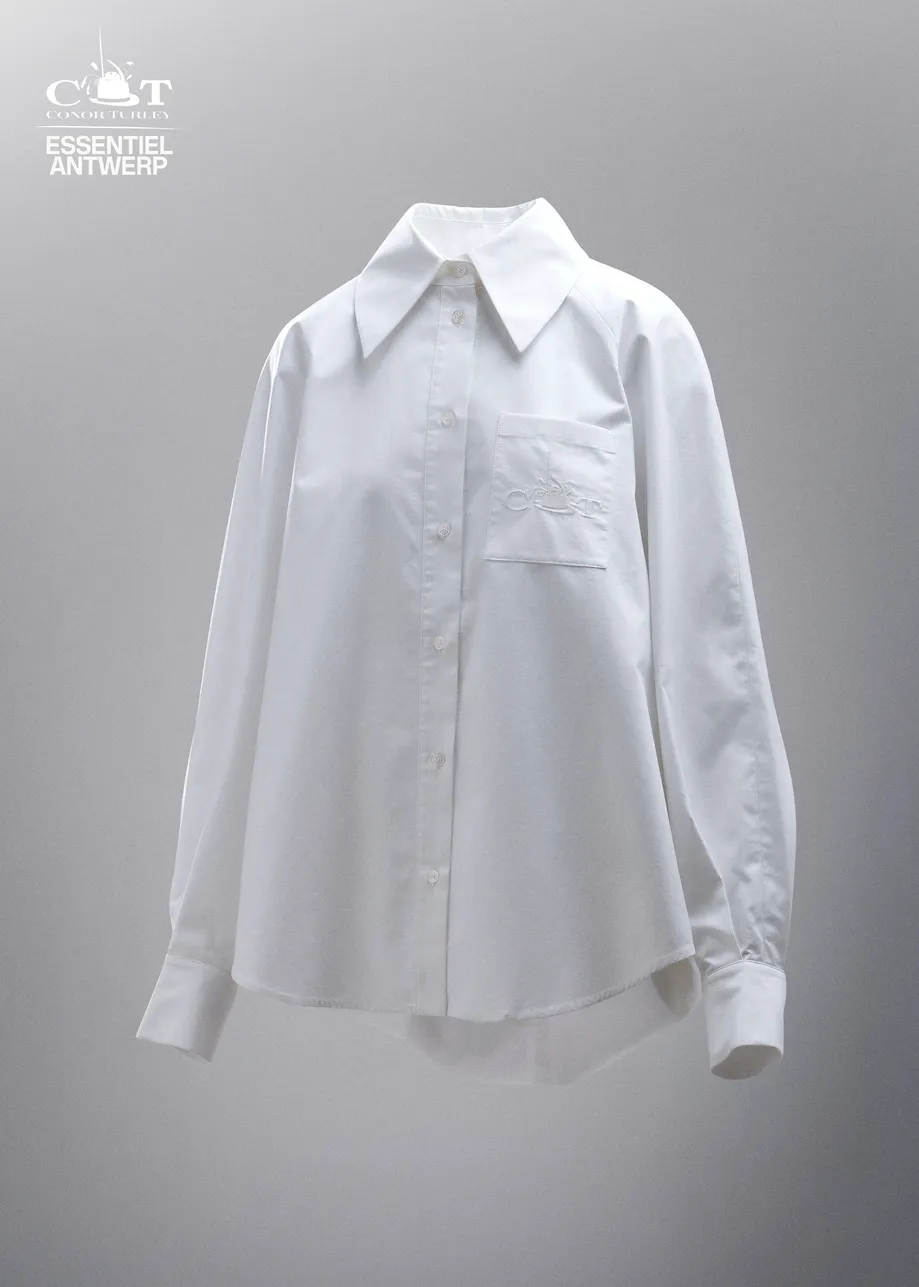 White oversized cotton shirt with draped back detail