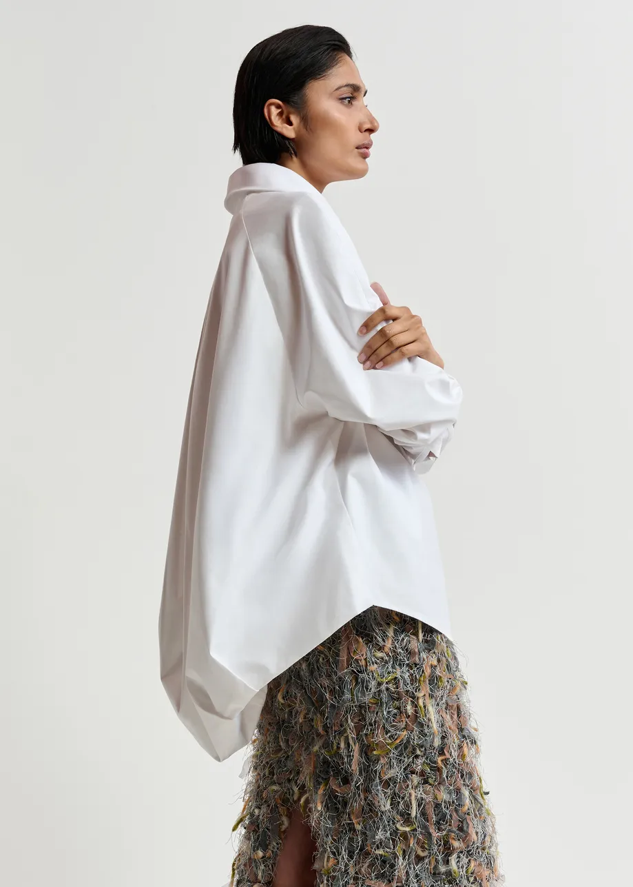 White oversized cotton shirt with draped back detail