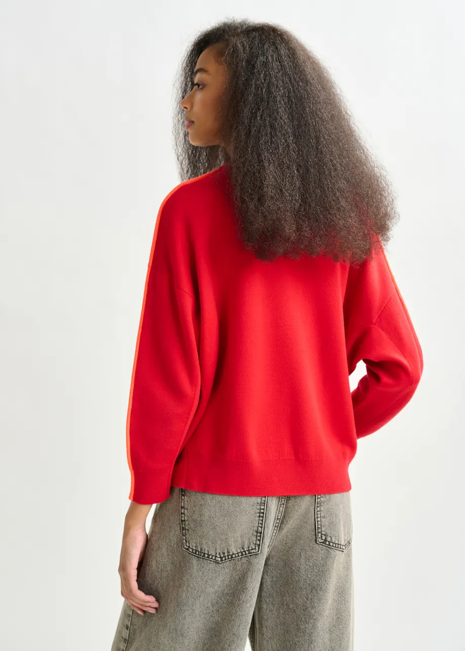 Red and orange knitted sweater with fitted waist